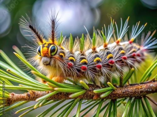 Pine Processionary Caterpillar Portrait -  Hairy Insect Closeup, Forest Pest,  Conifer Damage,  Thaumetopoea pityocampa photo