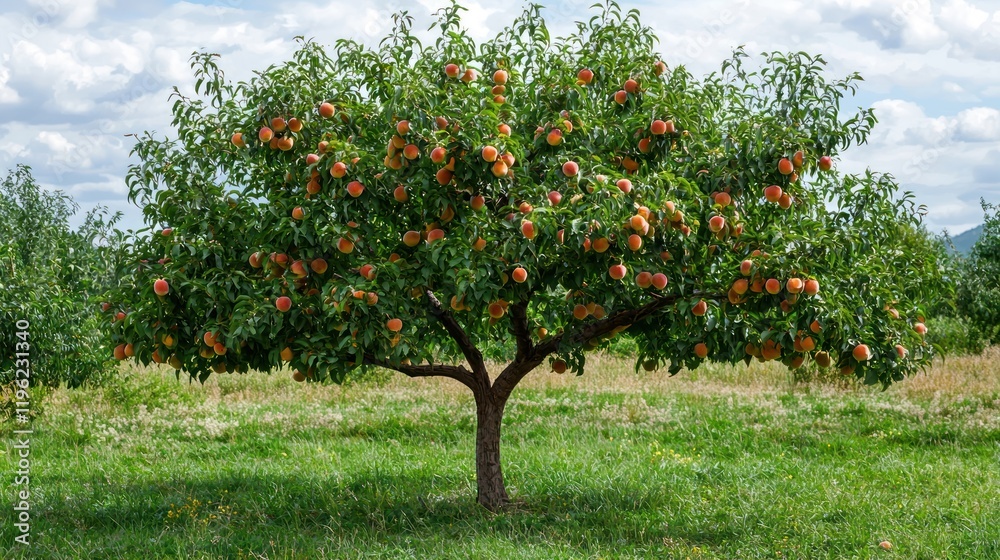 A peach tree with ripe peaches hanging low, ready for harvest A peach tree with ripe peaches hanging low, ready for harvest