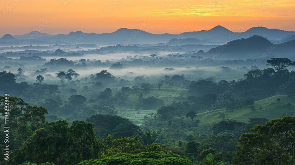 Obraz premium Breathtaking Sunrise Over Misty Mountains and Lush Green Forests in a Serene Landscape Capturing Nature’s Tranquility and Beauty at Dawn