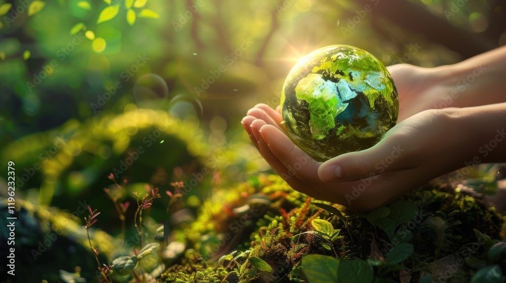 Hands holding a small globe with a sunlight backdrop in a lush forest setting Hands holding a small globe with a sunlight backdrop in a lush forest setting