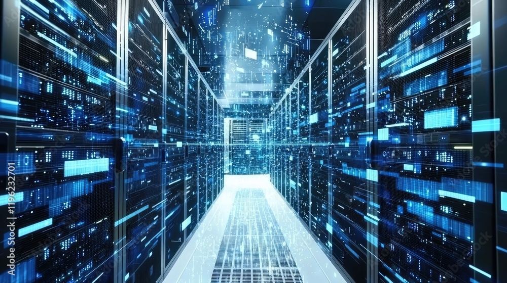 A sleek server room illuminated by dynamic blue light trails represents advanced technology and data flow. Perfect for IT, cloud computing, and networking themes A sleek server room illuminated by dynamic blue light trails represents advanced technology and data flow. Perfect for IT, cloud computing, and networking themes