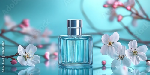 A bottle of perfume elegantly displayed with a flower, creating a fragrant and appealing composition.  cherry blossoms around blue background