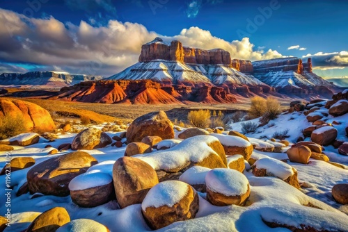 Arizona's Huber Wash rocks and Smithsonian Butte snow; a rule-of-thirds landscape masterpiece. photo