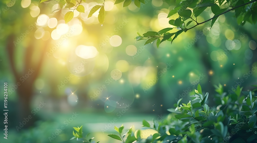 Sunlit green foliage with bokeh and glowing particles