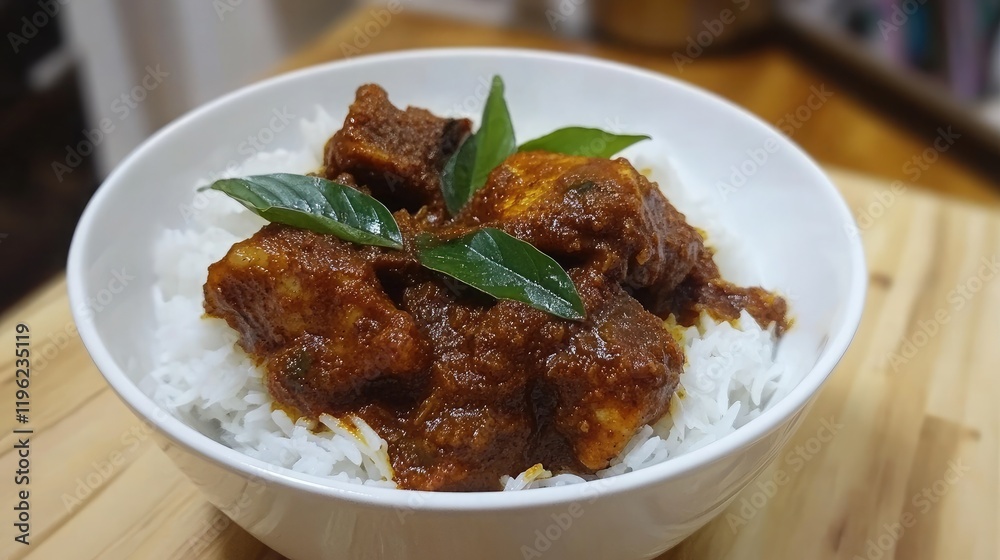 A bowl of spicy fish curry served with steamed rice, garnished with fresh curry leaves A bowl of spicy fish curry served with steamed rice, garnished with fresh curry leaves