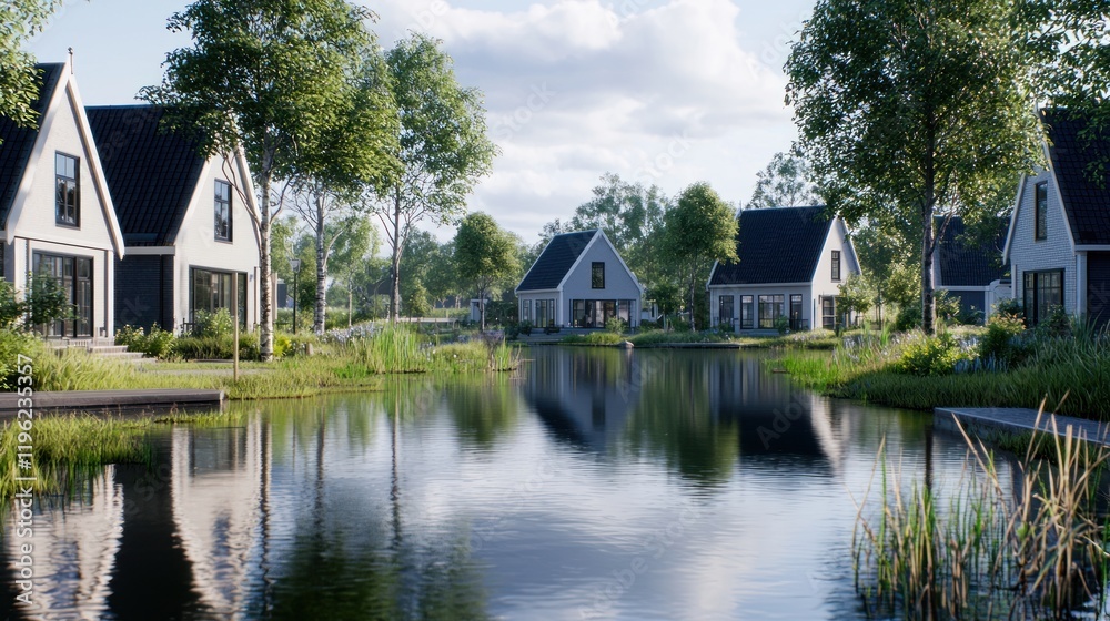 Fototapeta premium Scenic view of modern houses by a tranquil pond surrounded by greenery.