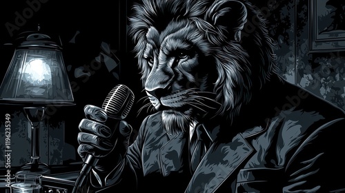 The Lion's Serenade: A Monochromatic Masterpiece of Anthropomorphic Art
