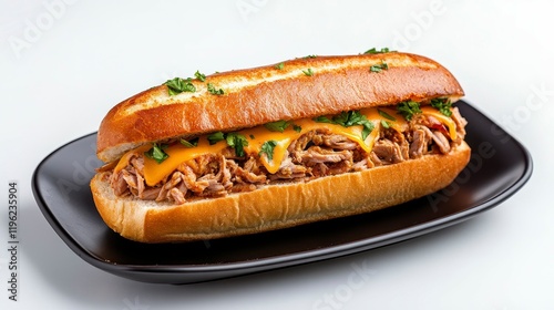 Delicious pulled pork sandwich with melted cheese and fresh herbs on a sleek black plate