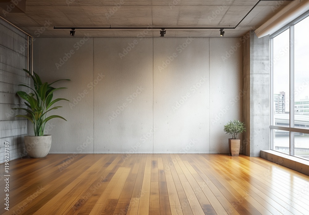 Fototapeta premium Modern Minimalist Room with Elegant Wooden Floor and Natural Light Through Large Window 