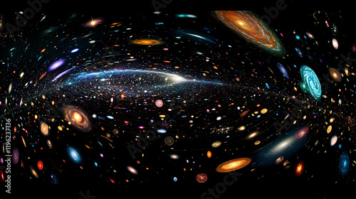 Render a mesmerizing view of spacetime continuum with expanding galaxies, top view, visualizing cosmic growth, advanced tone, tetradic color scheme, copy space for text,. Rainspire. Illustration