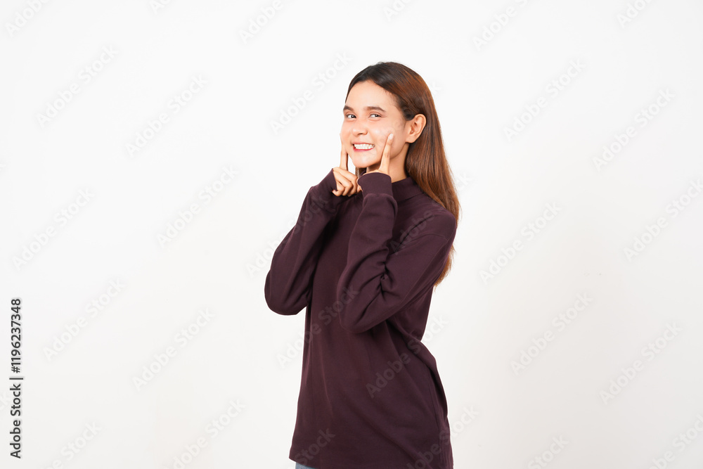 Smiling Happy with finger in cheek Of Beautiful Asian Woman Isolated On White Background Smiling Happy with finger in cheek Of Beautiful Asian Woman Isolated On White Background