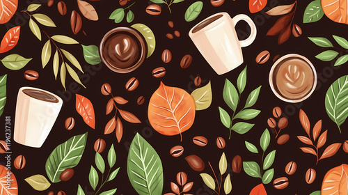 Seamless pattern of hand-drawn coffee mugs, beans, and leaves, creating a delightful and earthy coffee-themed design. Rainspire. Illustration photo