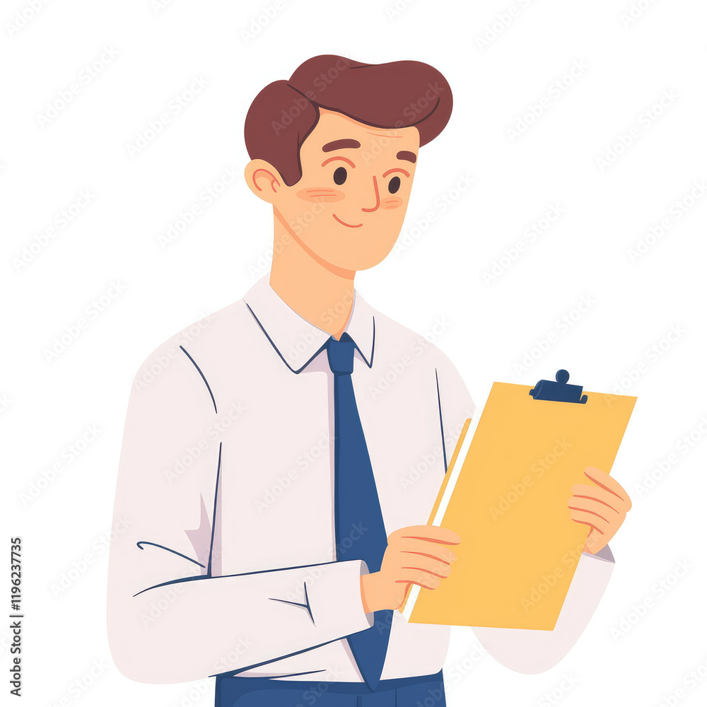 A Flat Illustration of a Man Holding a Clipboard in a Professional Setting A Flat Illustration of a Man Holding a Clipboard in a Professional Setting