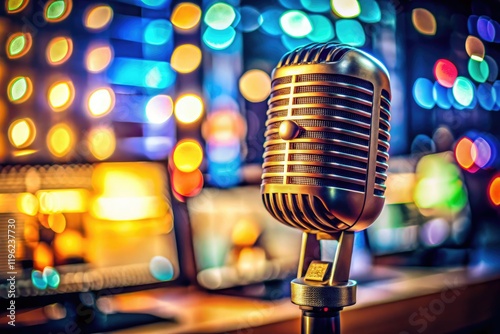 Fototapeta Naklejka Na Ścianę i Meble -  Crisp microphone detail, blurred tech backdrop, gourmet food subtly framed.