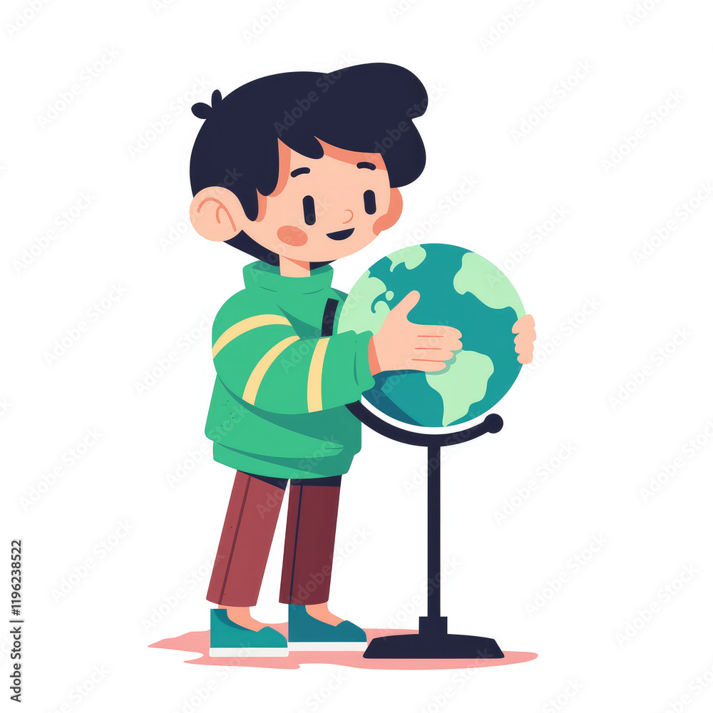 A Child Spinning a Globe on a Stand in a Flat Illustration of Exploration A Child Spinning a Globe on a Stand in a Flat Illustration of Exploration