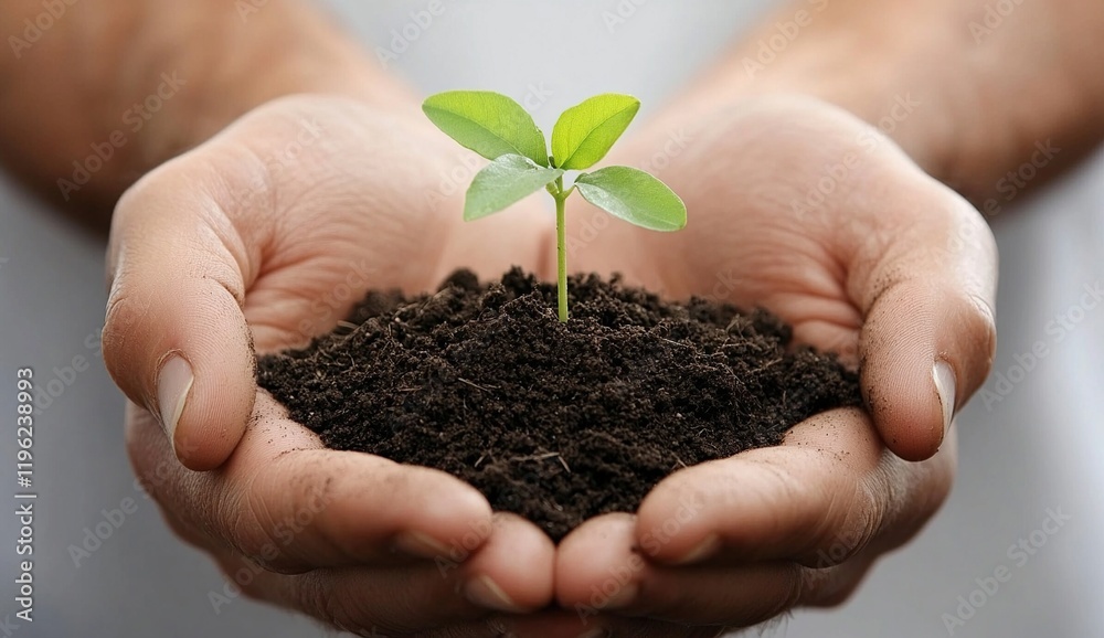 Hands Gently Hold a Seedling Emerging from Dark Soil, Representing Growth and New Life, Fostering Environmental Conservation. Hands Gently Hold a Seedling Emerging from Dark Soil, Representing Growth and New Life, Fostering Environmental Conservation.