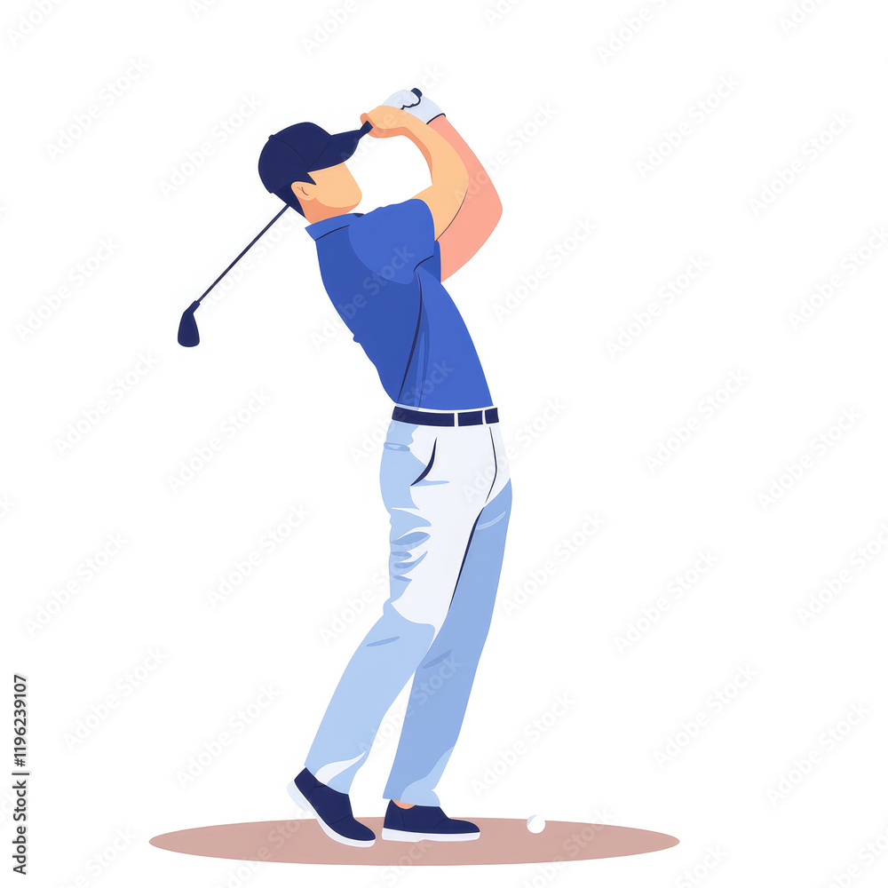 A Man Practicing Golf Swings with a Club in a Focused Flat Illustration of Sport A Man Practicing Golf Swings with a Club in a Focused Flat Illustration of Sport