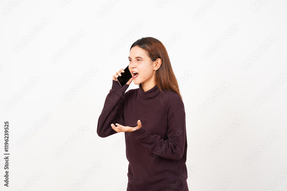 Angry gesture Talking on Smartphone Of Beautiful Asian Woman Isolated On White Background