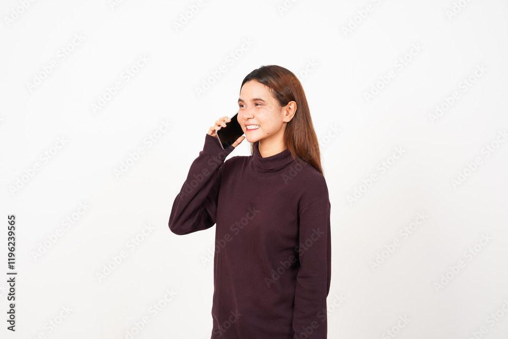 Smiling holding smartphone making phone call Of Beautiful Asian Woman Isolated On White Background Smiling holding smartphone making phone call Of Beautiful Asian Woman Isolated On White Background