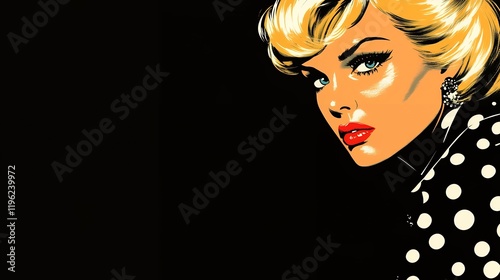 A stylish pop art illustration of a blonde woman in a polka dot dress.  The image is bold and graphic.