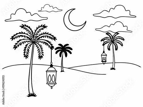 Coloring Page of Palm Trees at Sunset Crescent Serenity 