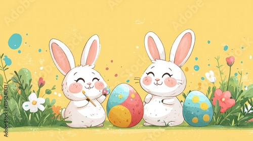 Adorable Easter Bunnies Painting Eggs in a Spring Garden