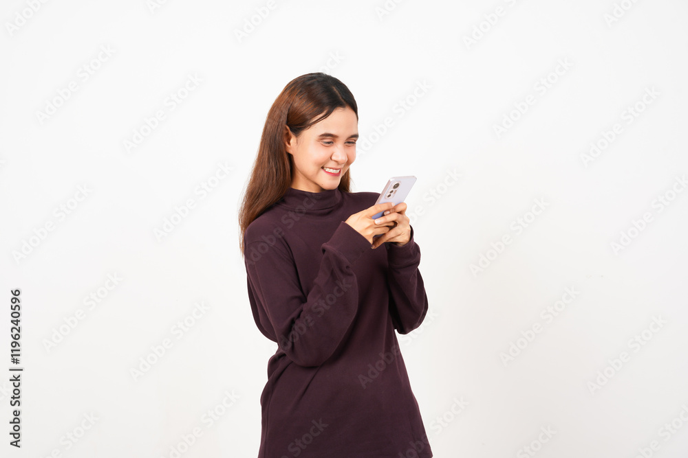 Smiling While Using Smartphone Of Beautiful Asian Woman Isolated On White Background