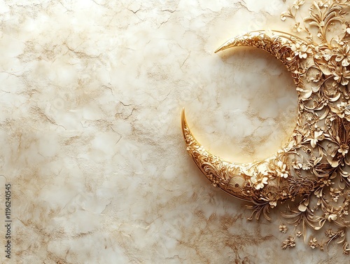 Golden Floral Crescent Moon: Elegant Baroque Wall Art photo