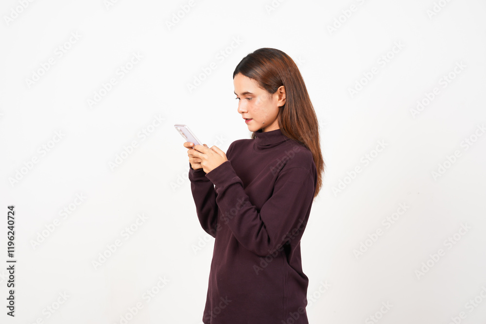 Smiling While Using Smartphone Of Beautiful Asian Woman Isolated On White Background Smiling While Using Smartphone Of Beautiful Asian Woman Isolated On White Background