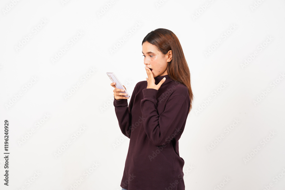 Surprised While Using Smartphone Of Beautiful Asian Woman Isolated On White Background Surprised While Using Smartphone Of Beautiful Asian Woman Isolated On White Background