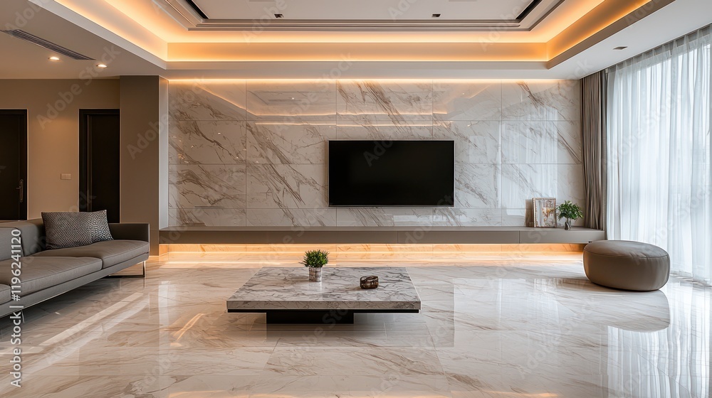 Elegant coffered ceiling and marble accents in a modern living room, highlighted softly. Elegant coffered ceiling and marble accents in a modern living room, highlighted softly.