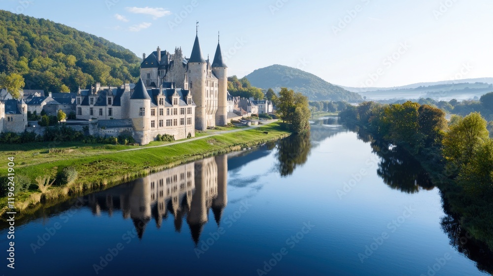 Fototapeta premium Medieval Castle Reflecting on Calm River