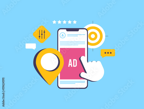 Hyperlocal social media marketing with location pin, targeted ads and analytics on smartphone screen. Perfect for local business advertising, digital strategies and location-based marketing visuals