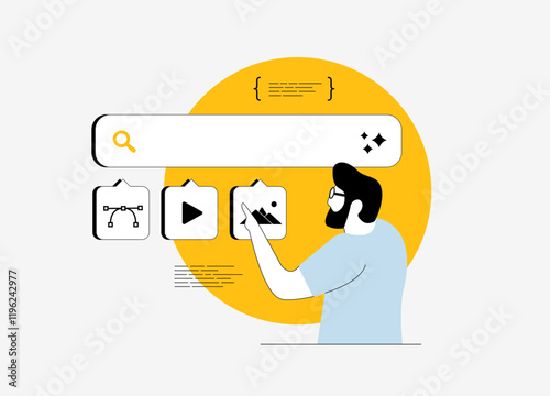 AI image generation prompts for content creation including photo images, video files, vector icons and marketing content. Modern AI assistant for creative and marketing workflows isolated illustration