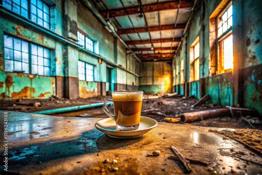 Fototapeta premium Gritty urban decay: abandoned building, rusted pipes, cold coffee hues, dark grunge aesthetic.