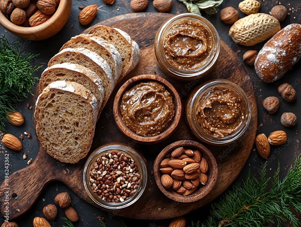 Homemade Whole Grain Bread and Nut Butter on Rustic Kitchen Counter Healthy Food Concept Homemade Whole Grain Bread and Nut Butter on Rustic Kitchen Counter Healthy Food Concept