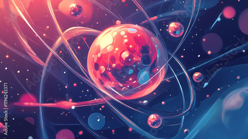 Dynamic illustration of atomic particles around a nucleus, front view, conveying scientific beauty, advanced tone, splitcomplementary color scheme. Rainspire. Illustration photo