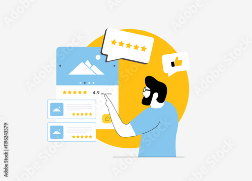 Social Proof Integration in Online Shopping. Leverage customer reviews, ratings and user-generated content to boost sales. Product page with reviews and social proof elements flat vector illustration