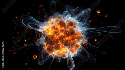 Dynamic illustration of atomic particles around a nucleus, front view, conveying scientific beauty, advanced tone, splitcomplementary color scheme. Rainspire. Illustration photo