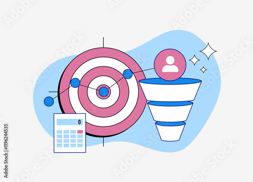 Conversion funnel with target audience analysis, customer journey tracking, sales optimization and lead generation. Digital marketing strategy with focus on conversions and business growth