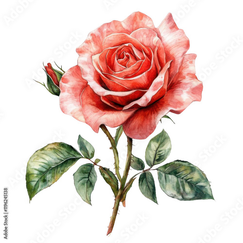 Beautiful watercolor red rose isolated on transparent background. Vector illustration.