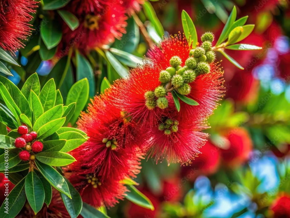 Intense red cones bloom, nestled amongst vibrant vinegar tree leaves; a stunning macro study. Intense red cones bloom, nestled amongst vibrant vinegar tree leaves; a stunning macro study.