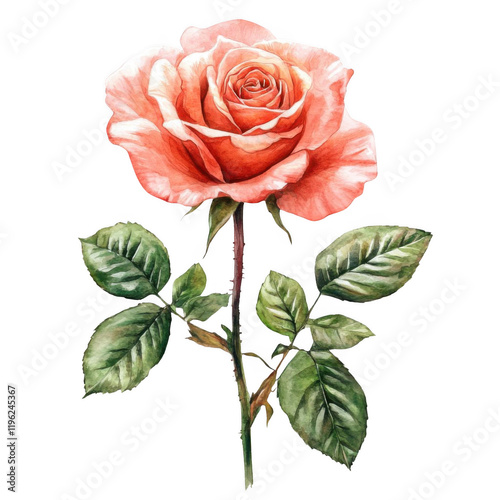 Beautiful watercolor rose isolated on transparent background. Romantic design element.