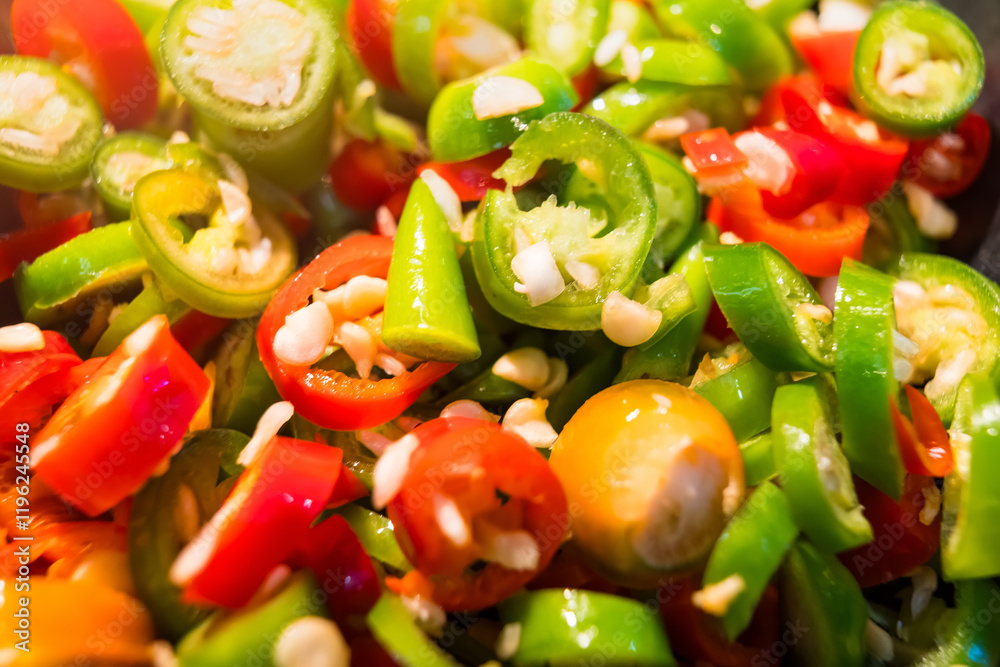 Close-up of colorful chopped chili peppers and garlic, highlighting the textures and colors that make this a perfect ingredient for adding heat and flavor to meals. Close-up of colorful chopped chili peppers and garlic, highlighting the textures and colors that make this a perfect ingredient for adding heat and flavor to meals.