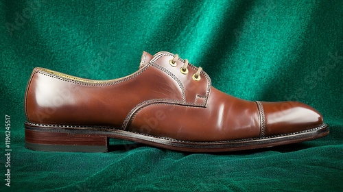 Polished brown leather shoe on green fabric photo