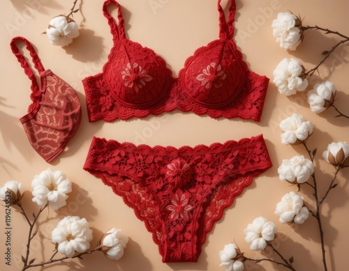 Red lace lingerie set with floral decoration photo