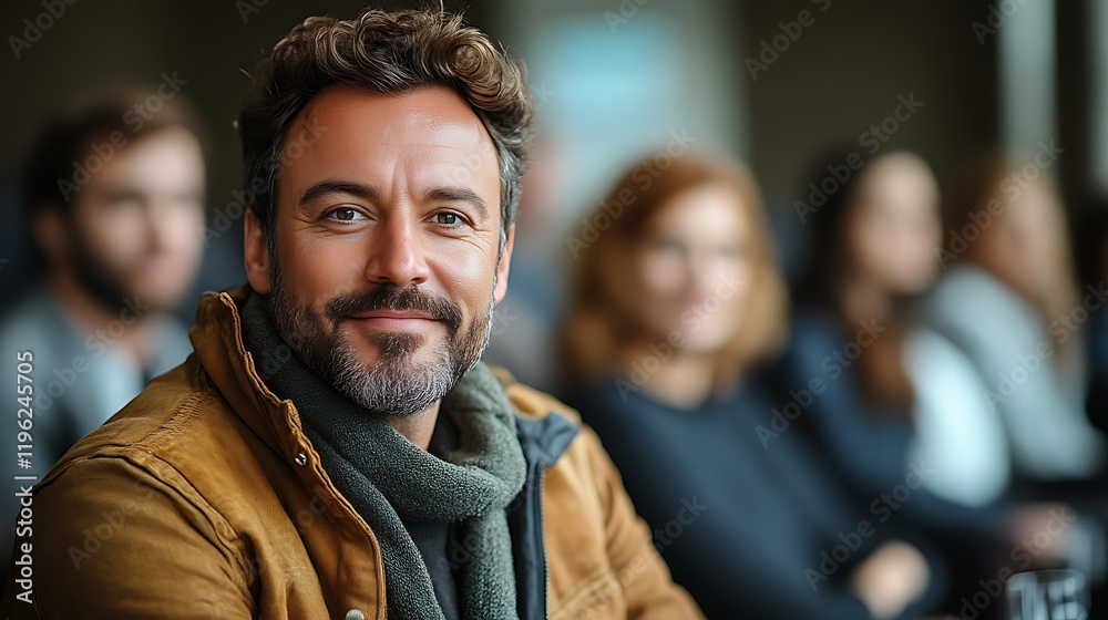 Confident man smiling in a crowd.