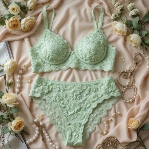 Mint green lace lingerie set floral embroidery with floral decoration photo