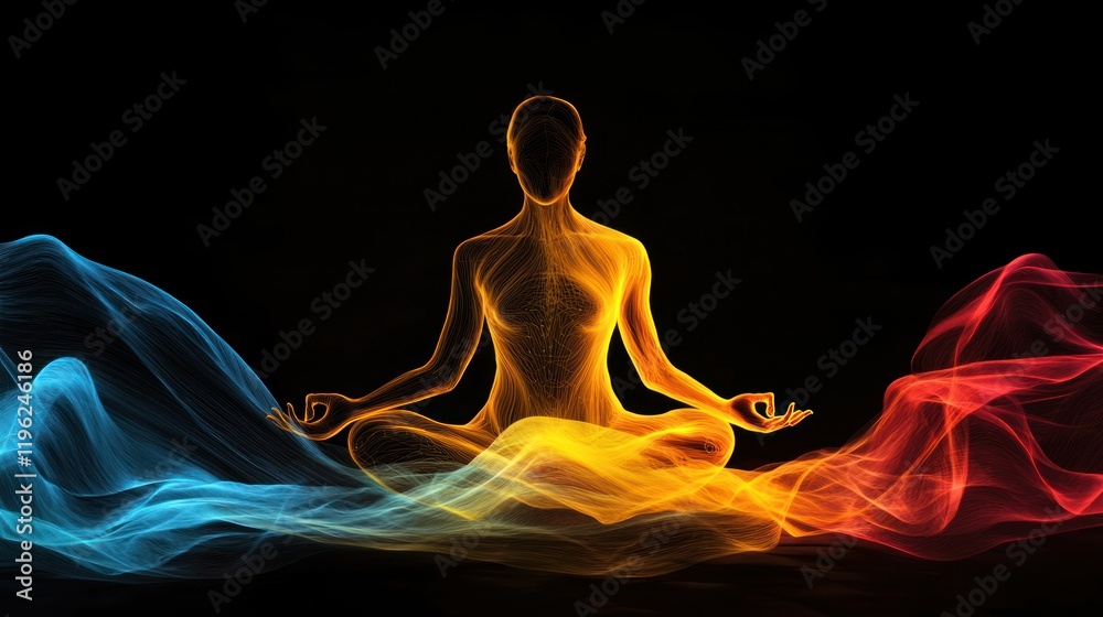 Fototapeta premium A person in meditation, with vibrant energy waves flowing through their body.