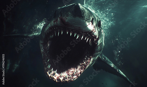 a great white shark attacking. Ferocious teeth and wide mouth. underwater view facing toward the shark, which appears to be coming directly toward the camera. extremely scary. hyper realistic.